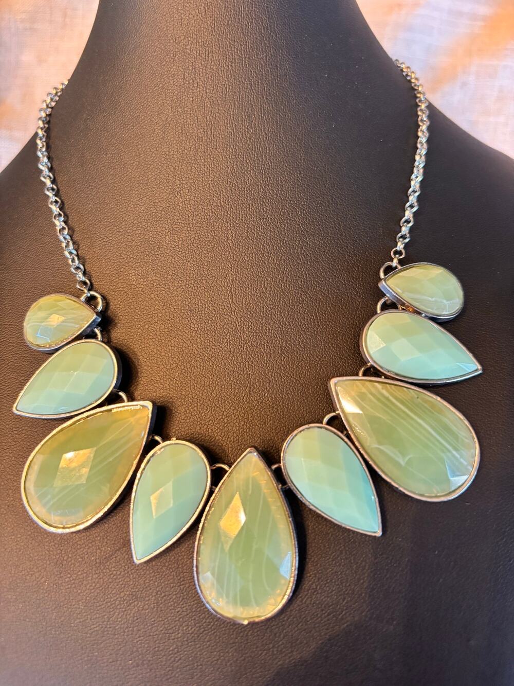 Mint Green Bib Statement Necklace Silver Tone Teardrop